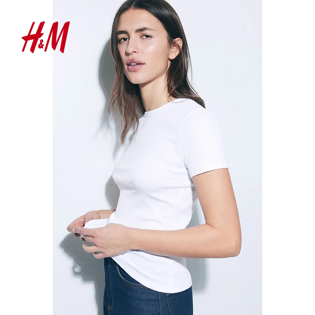 【达】HM女装冬季新款简约舒适休闲棉质汗布修身百搭罗纹T恤1260556