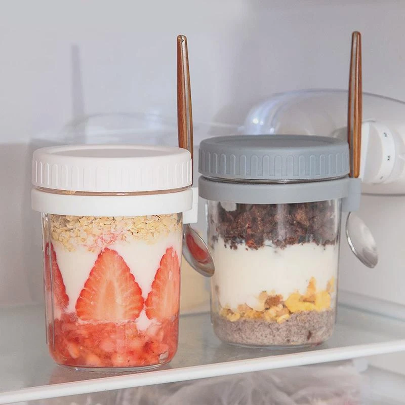 隔夜燕麦杯玻璃豆浆早餐杯梅森罐酸奶杯便携带勺沙拉酸奶密封罐
