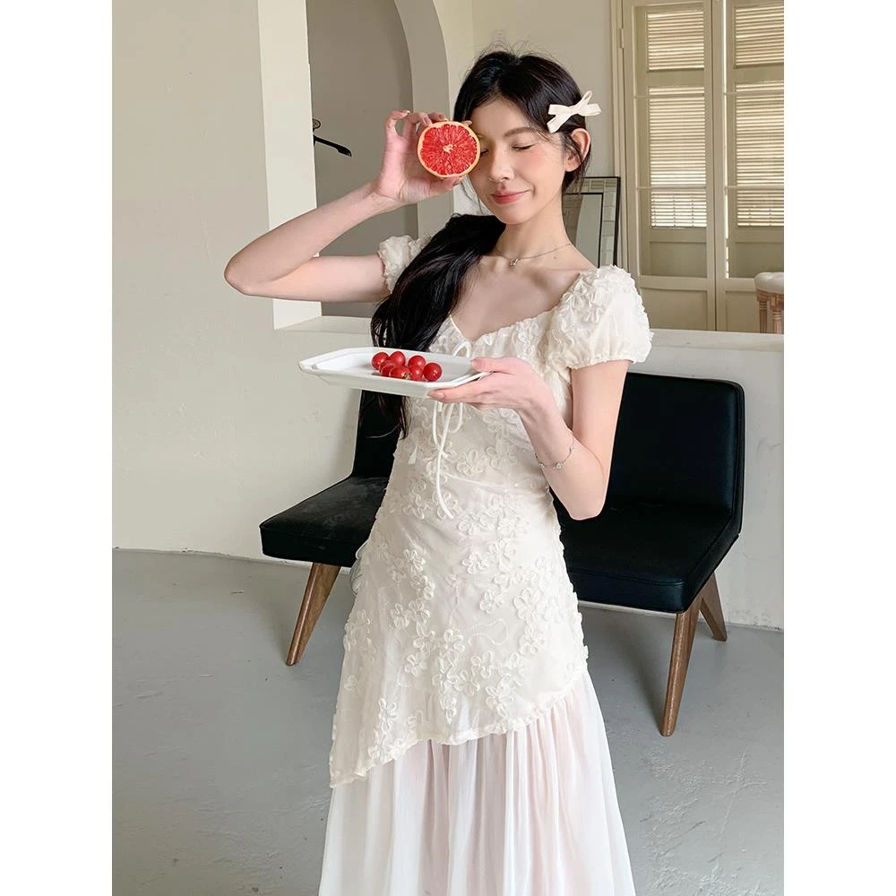 超好看甜辣风绝美提花连衣裙女2025夏季新款法式浪漫网纱拼接长裙