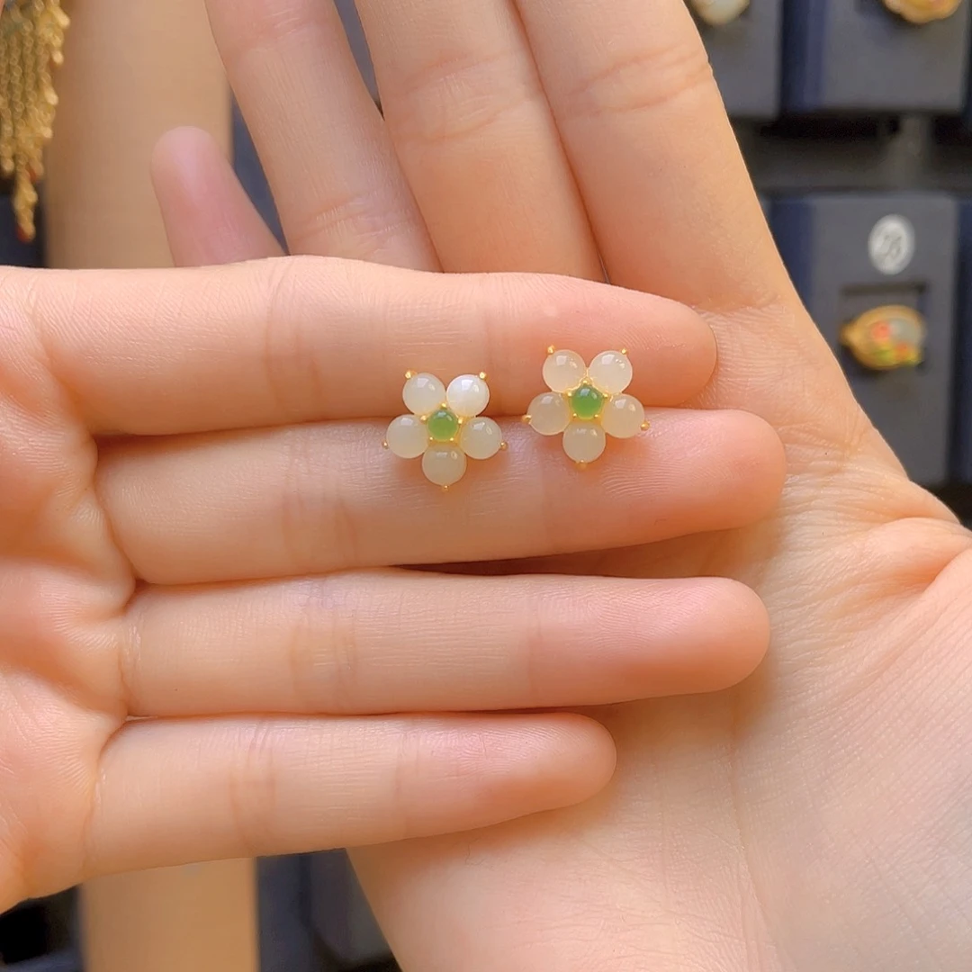 和田玉耳饰银S925镀金镶嵌