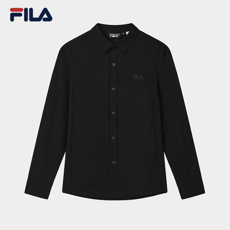 【华夫格休闲长袖衬衫】FILA/斐乐男士春季百搭黑色上衣F11M518405F