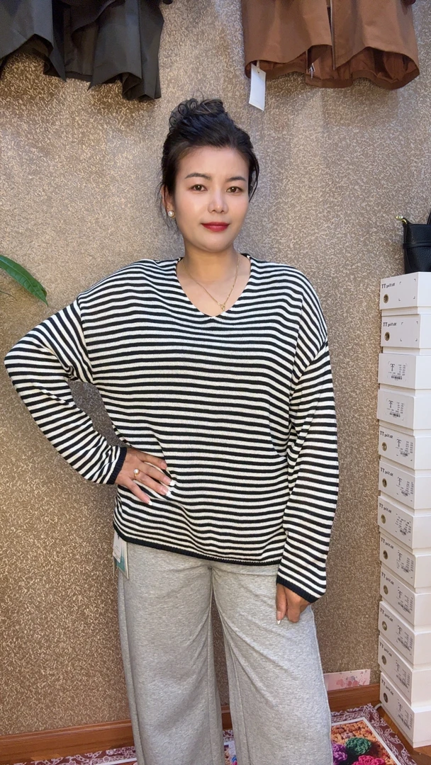 条纹长袖夏季V领夏季毛针织衫衫宽松百搭时尚上衣休闲打底衫毛衣