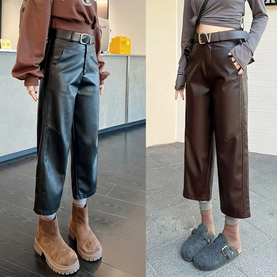 2025秋季新款爆款洋气时尚百搭宽松高级感pu九分直筒裤休闲裤皮裤