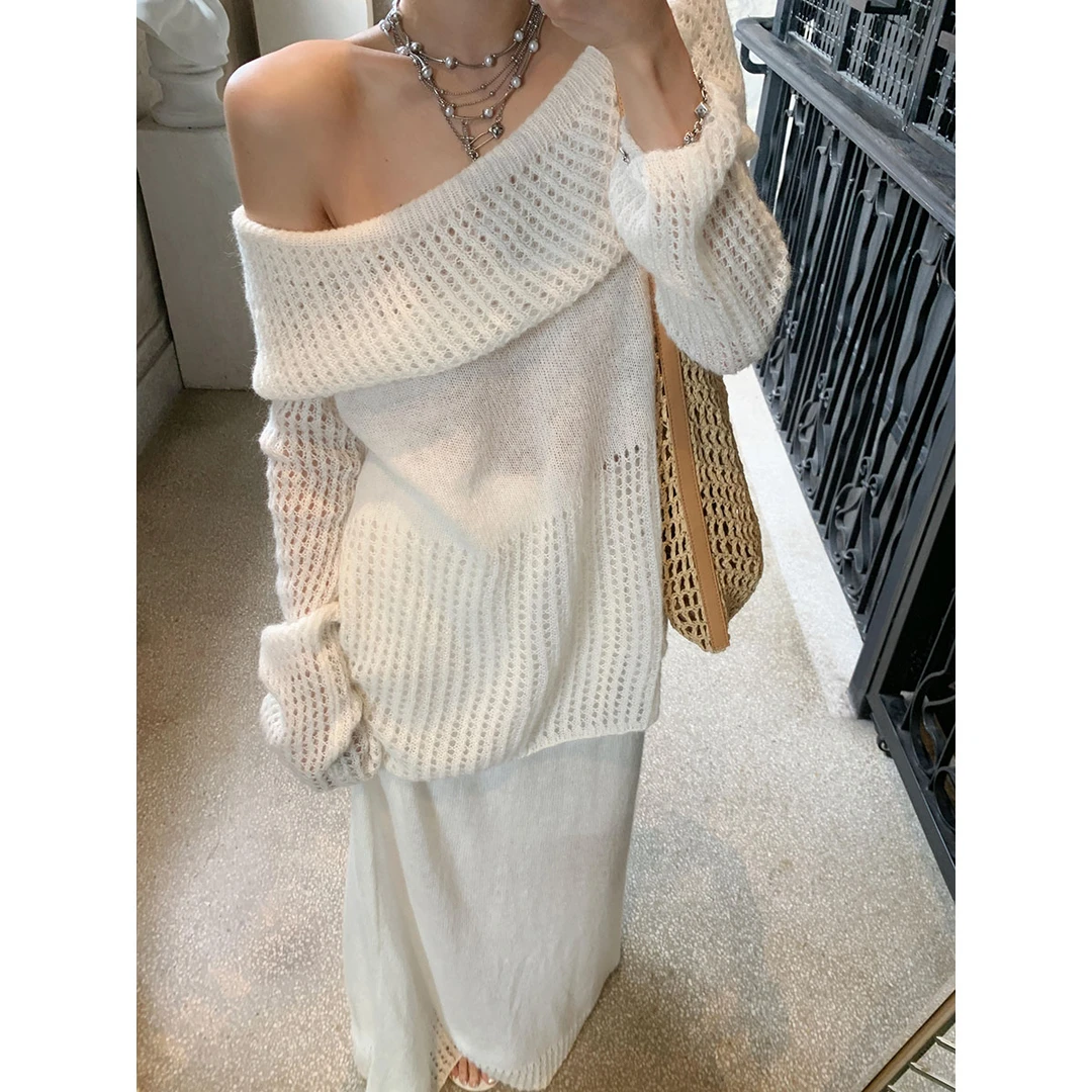 法式温柔风设计感一字肩镂空长袖针织毛衣女秋季修身高腰半身长裙