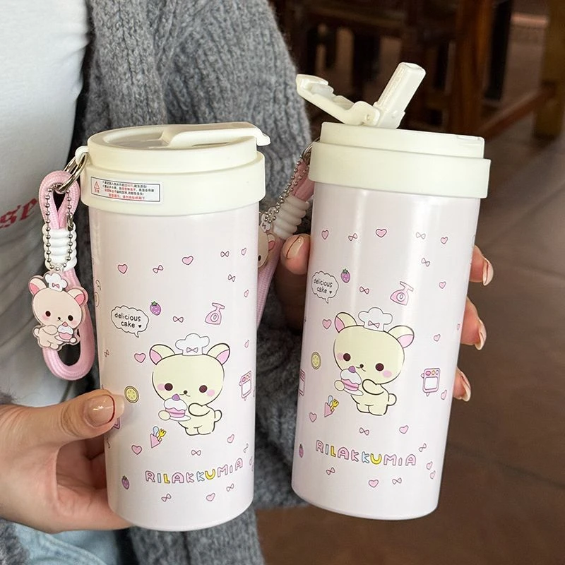 可爱轻松熊保温杯女生高颜值2025新款吸管杯大容量咖啡杯泡茶EMS
