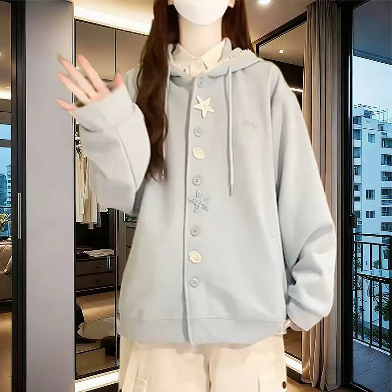 韩系蕾丝花边拼接连帽卫衣女春秋宽松慵懒风大码独特漂亮开衫外套