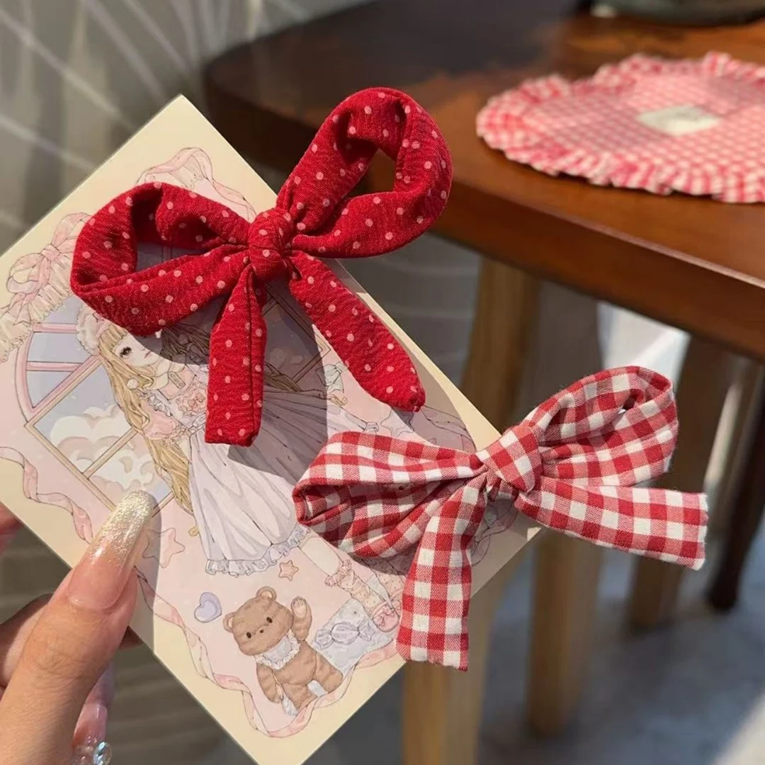 显白红色系波点格纹飘带蝴蝶结发夹鸭嘴夹少女边夹碎发刘海夹发饰