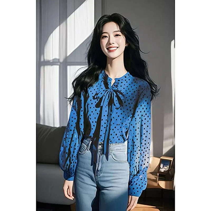 2025夏法式新款高级感轻奢风系带波点雪纺长袖女百搭个性小众上衣