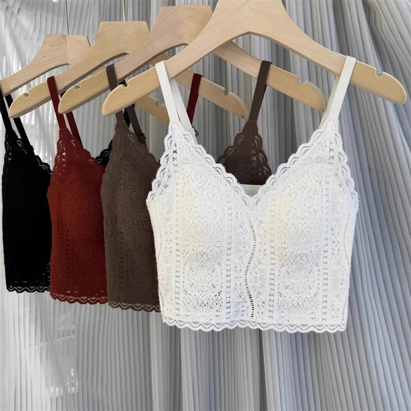 夏季新款法式甜美蕾丝冰丝吊带背心女带胸垫舒适显瘦内搭打底上衣