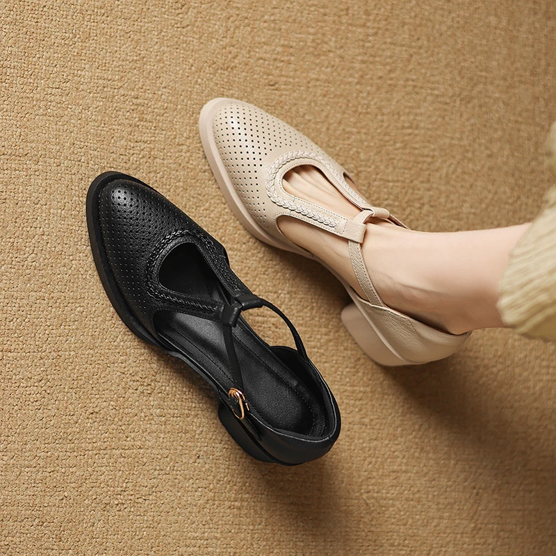 4.5CM-头层羊皮包头女凉鞋中跟镂空包头时装罗马包头后空粗跟凉鞋