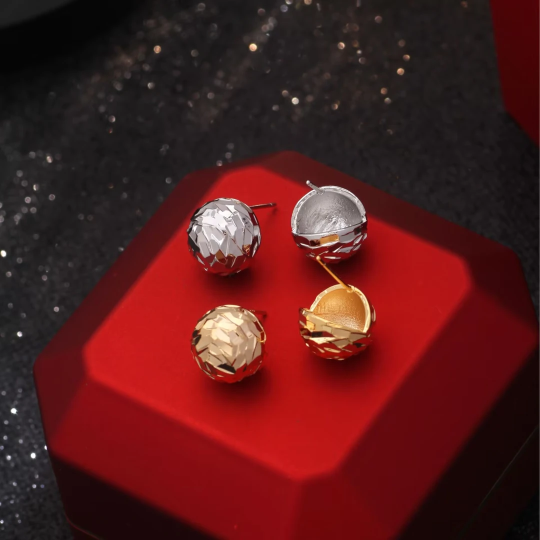 铜合金耳饰 《货号9385》爆闪球球CNC百搭球形包耳垂耳钉耳环