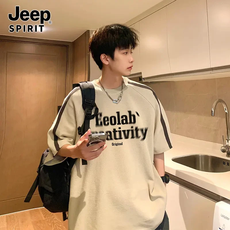JEEPSPIRIT美式条纹重磅短袖t恤男生夏季新潮流印花宽松休闲上衣
