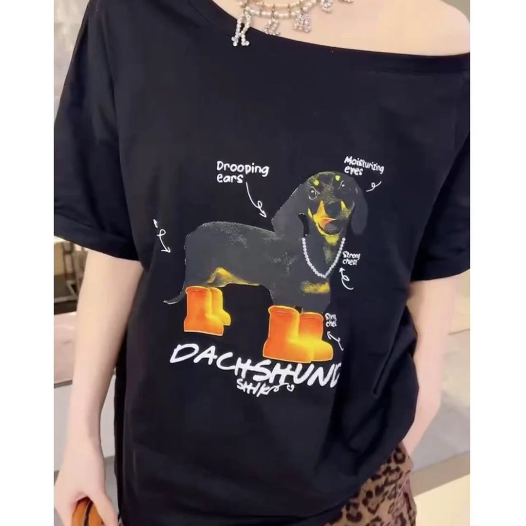D031韩系卡通小狗印花斜肩短袖T恤春夏季新款宽松显瘦百搭上衣
