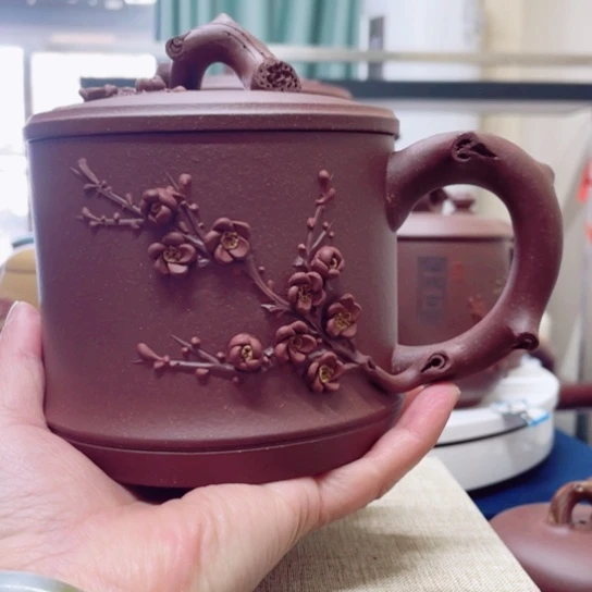 紫砂茶杯紫泥梅报春杯600c c