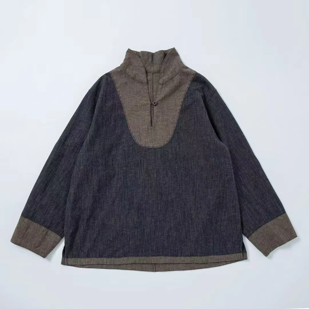 素朴布衣 垒土原创无折春新S0016宽松复古撞色拼接海军领休闲上衣