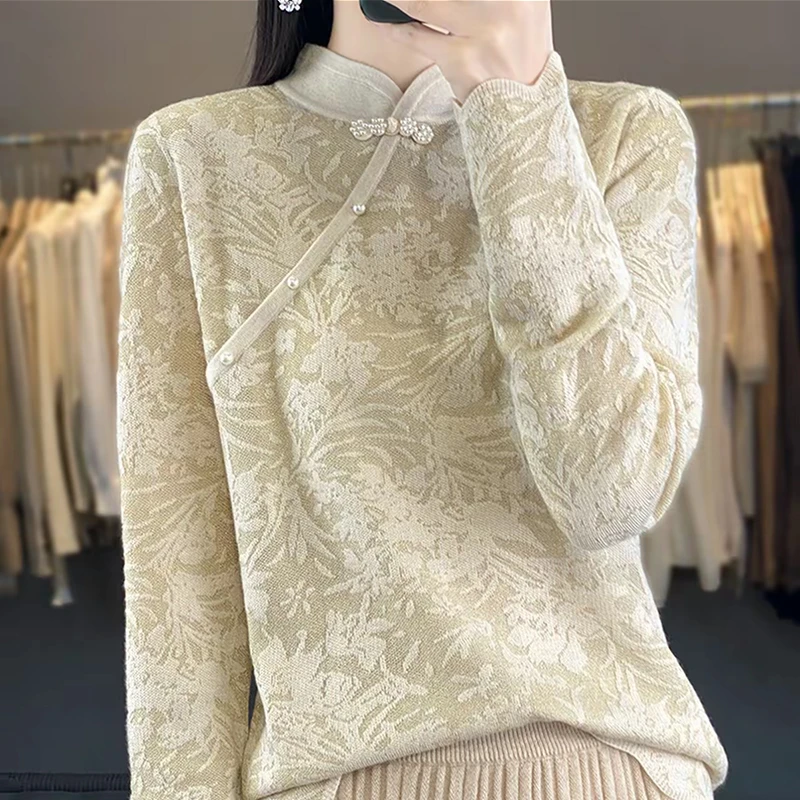 羊毛衫女秋冬新款针织薄款旗袍领宽松百搭打底衫针织羊绒时尚毛衣