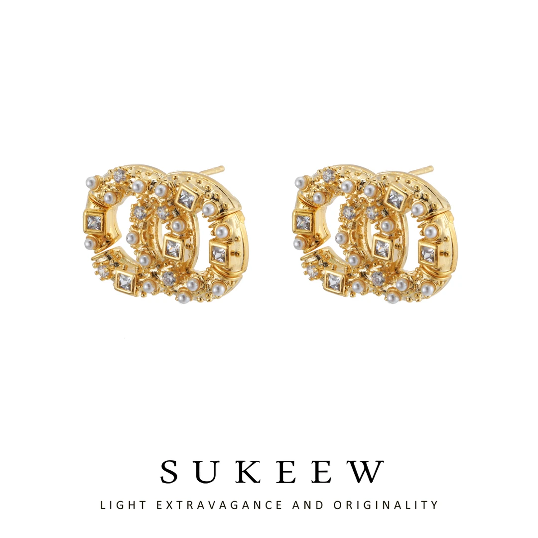 SUKEEW/酥可 铜合金合成锆石耳饰 气质双圈时尚小香风耳环249102