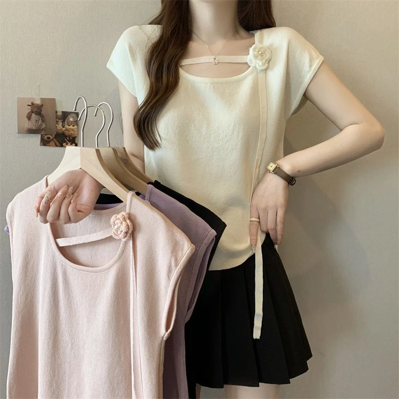 方领立体花朵T恤女装夏季新款设计感小众体恤修身显瘦小飞袖上衣