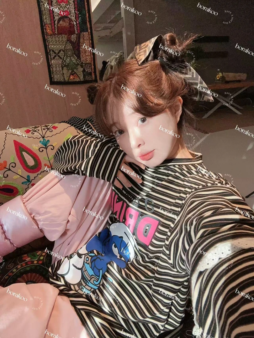 韩国【BORAKOO】东大门精灵假两件条纹T恤