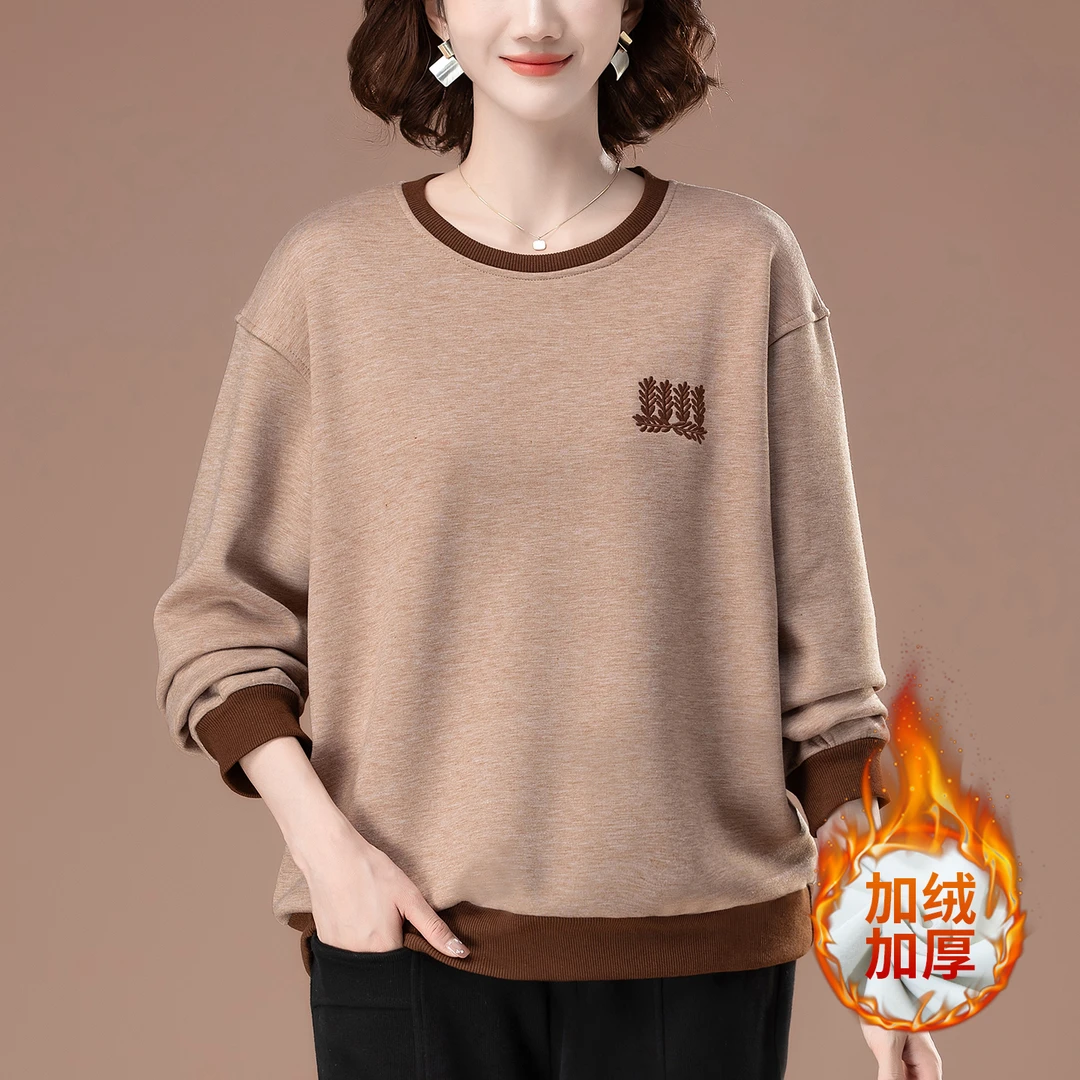 加绒卫衣女秋冬新款宽松加肥加大码女装中年妈妈保暖加厚圆领上衣