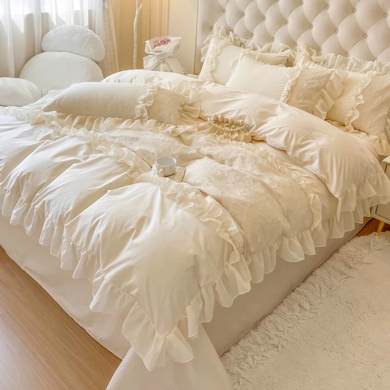 全棉床上四件套公主风法式轻奢奶油风100棉蕾丝花边被套床单床笠