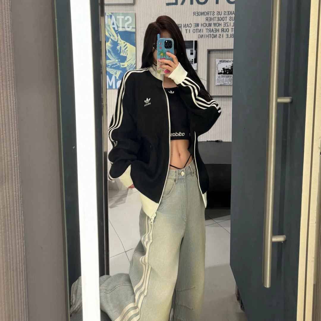 adidas三叶草梓渝同款华夫格立领运动宽松夹克外套KC2618KC2619Y