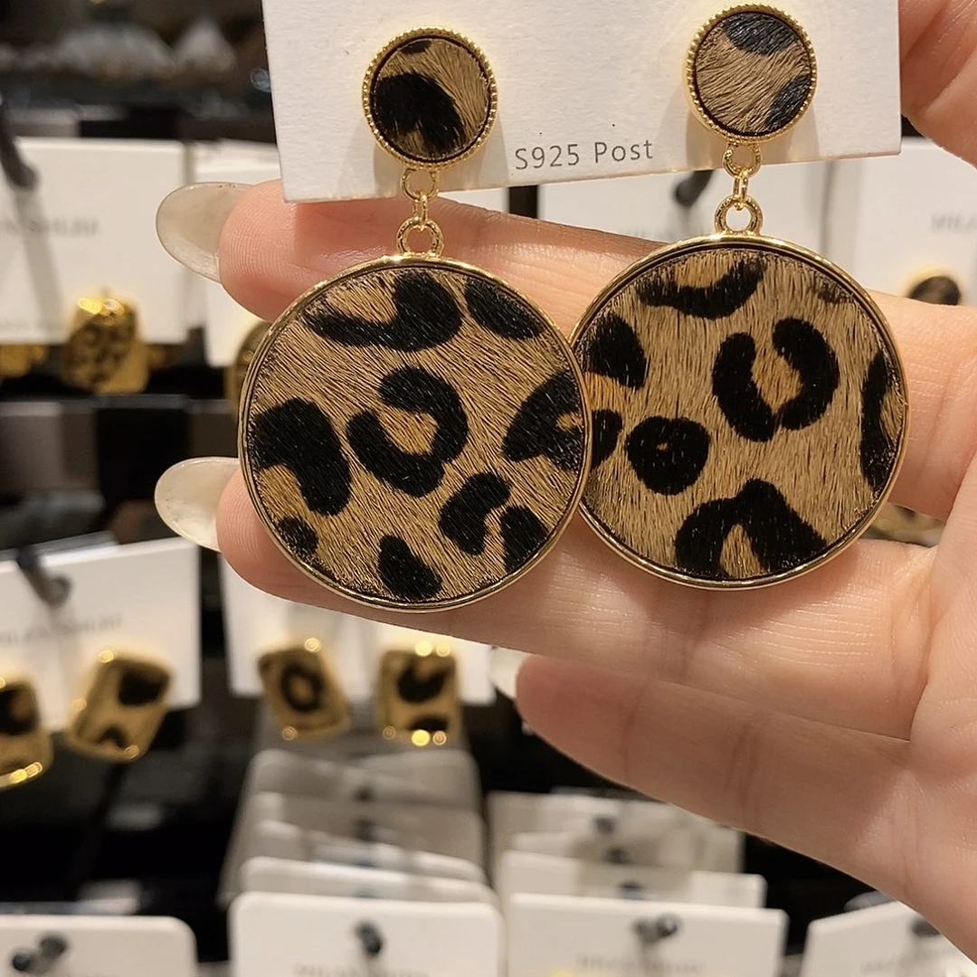 铜合金925银树脂圆形豹纹耳坠