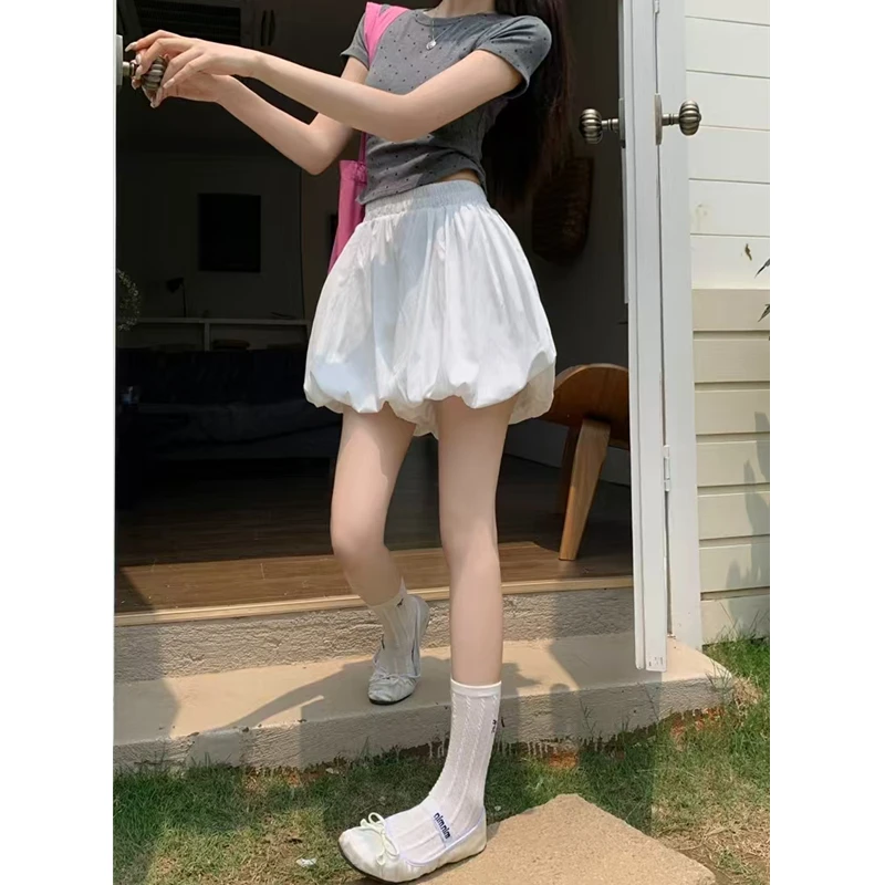 白色花苞短裤裙裤女夏季2025新款高腰显瘦a字半身裙云朵蓬蓬短裙