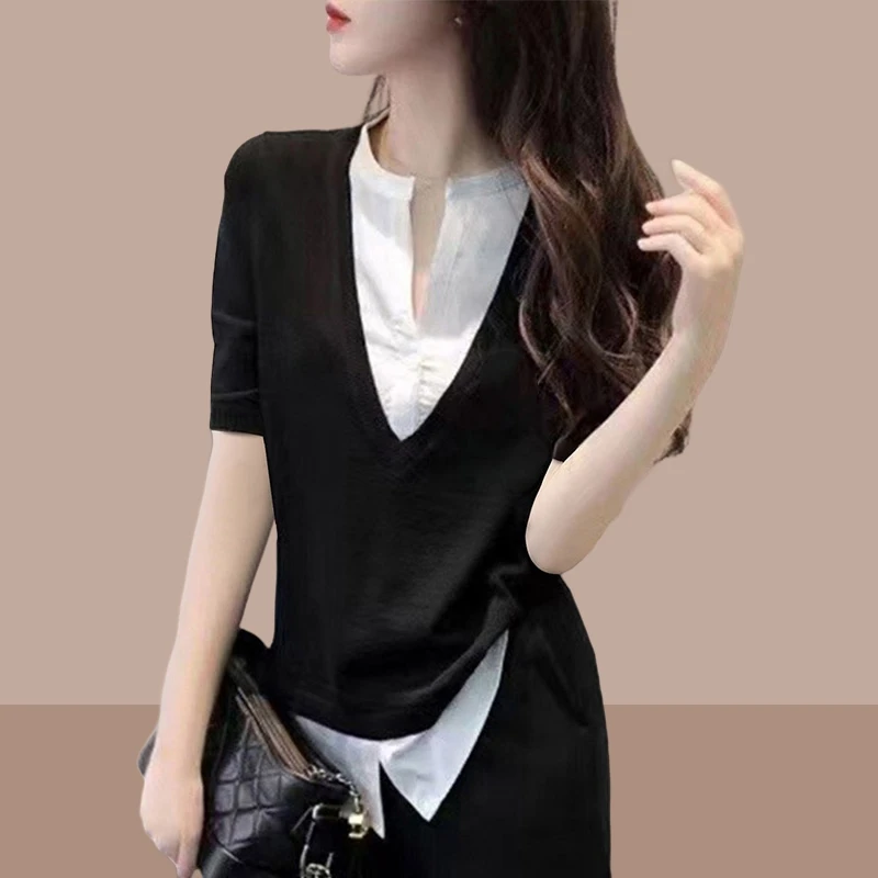 女士假两件短袖洋气网红爆款2025夏季新款流行短款设计感小众上衣