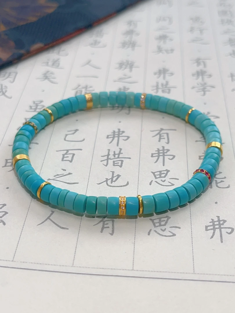 【灵兮珠宝】18K金镶嵌原矿松石直切手串