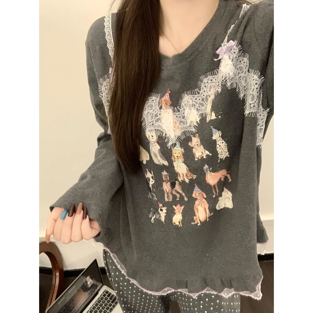 【DMXJ大梦想家】小狗派对可爱简约蕾丝睡衣女春秋季新款家居服套装