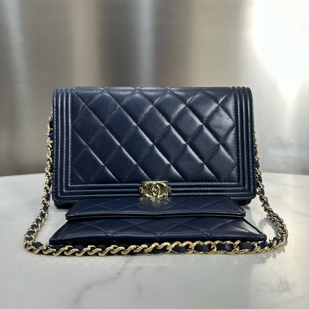 95新 Chanel/香奈儿 小号leboy woc蓝色金扣菱格纹下12982244