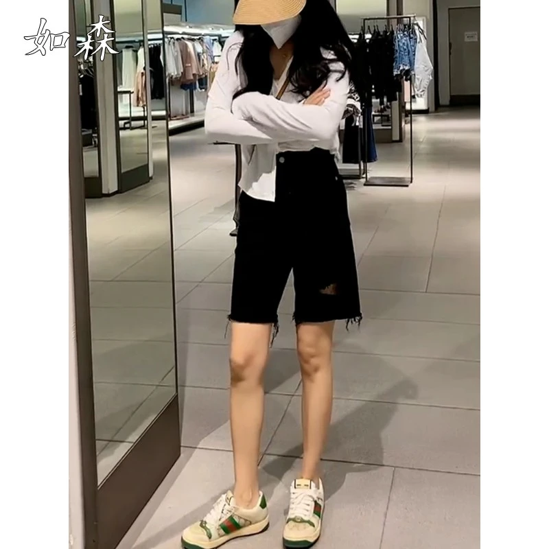 黑色破洞牛仔短裤女夏薄款2025年新款宽松显瘦毛边直筒五分中裤子
