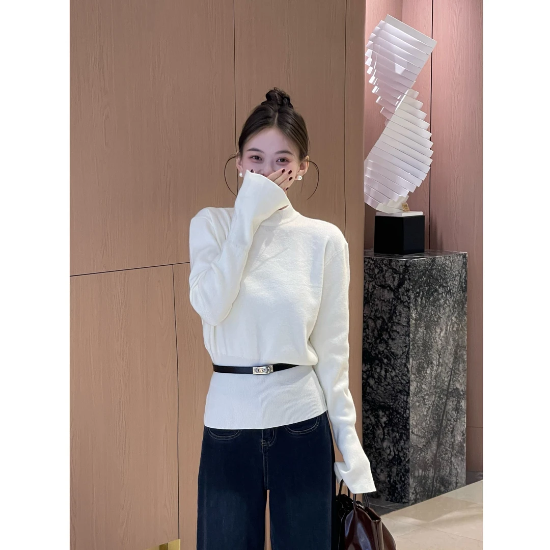 喜果【轻柔的美】时尚气质感纯欲温柔百搭微喇袖设计感毛衣(配腰带)