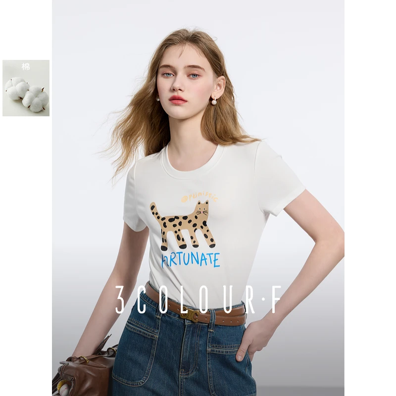 三彩独醒2025春季新款棉弹印花T恤修身短款百搭小个子显瘦F