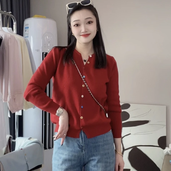 390#春季新款剪刀领彩扣毛衣开衫外套女上衣