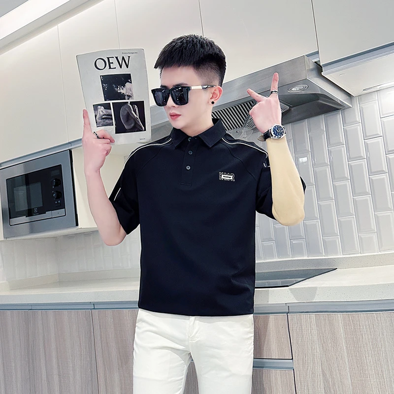 男款POLO衫夏季2025新款翻领休闲上衣拼色字母半袖时尚痞帅体恤男