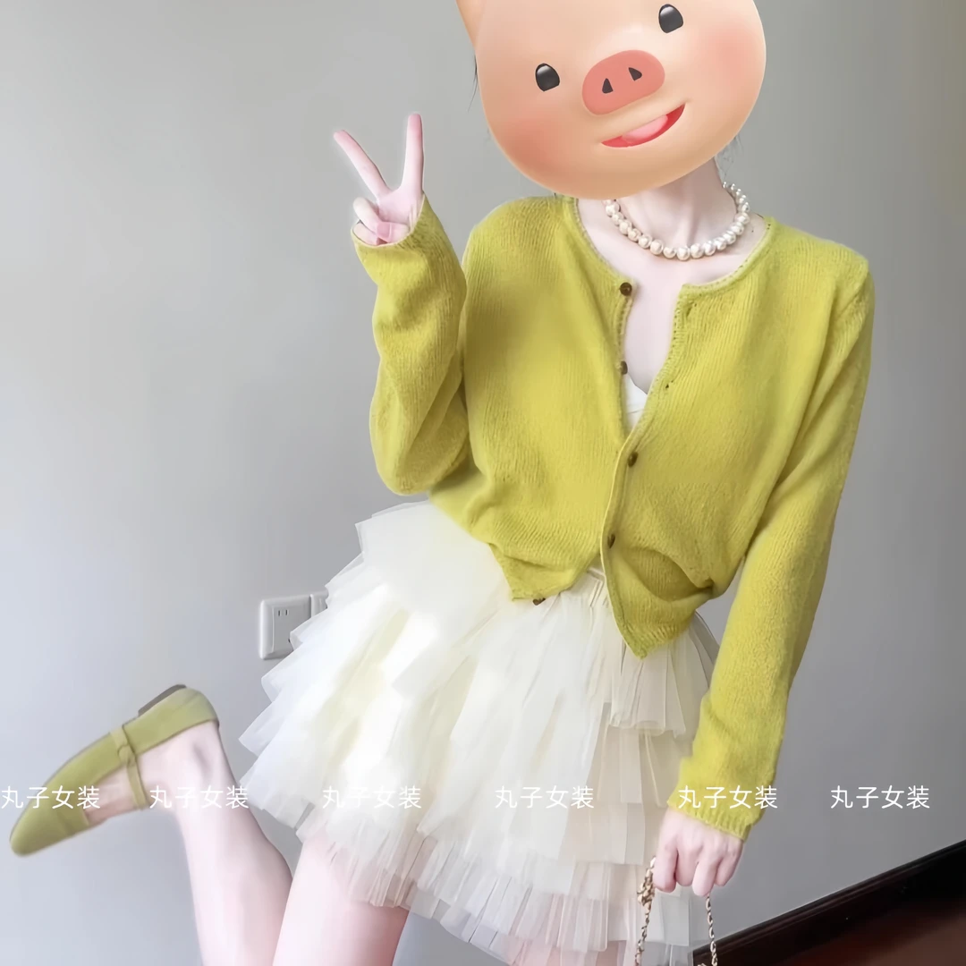 2025新款早春穿搭一整套女装芥末黄色针织开衫上衣气质蛋糕缝缝裙