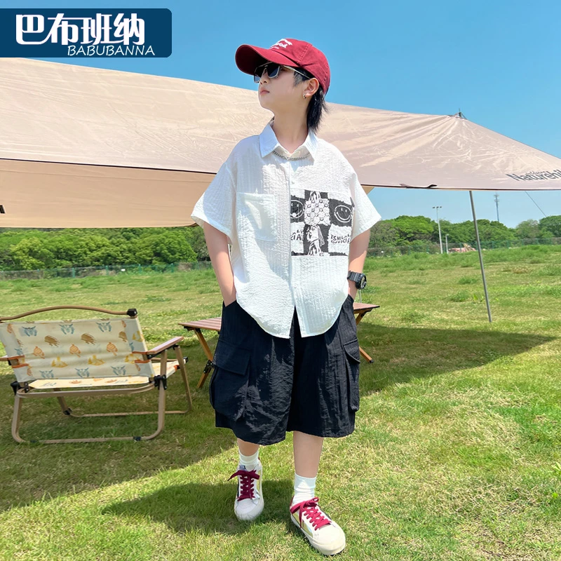 男童夏装套装2025新款儿童衣服洋气大童短袖衬衫男孩帅气童装潮装
