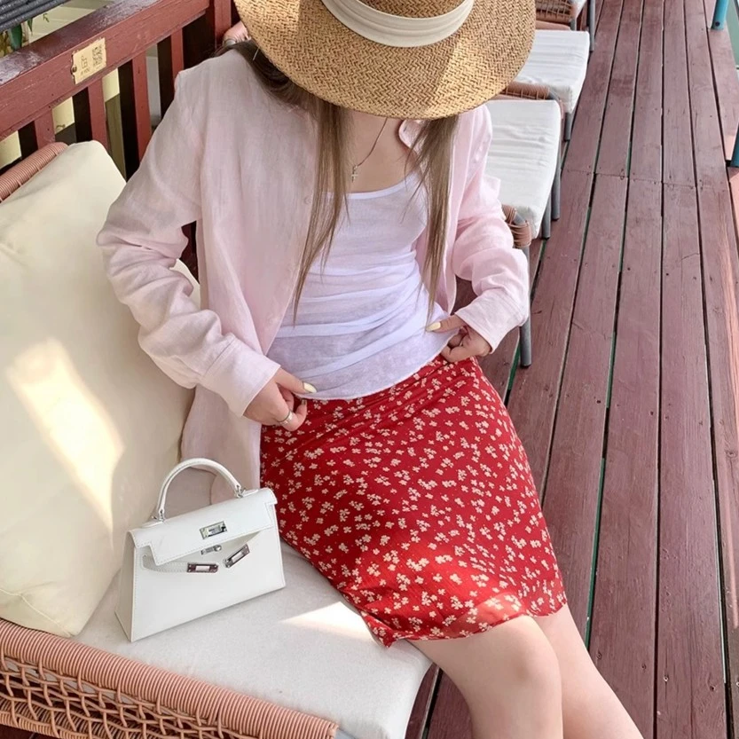 韩式复古红色小碎花半身裙夏季新款显白高腰收臀A字中长裙印花开