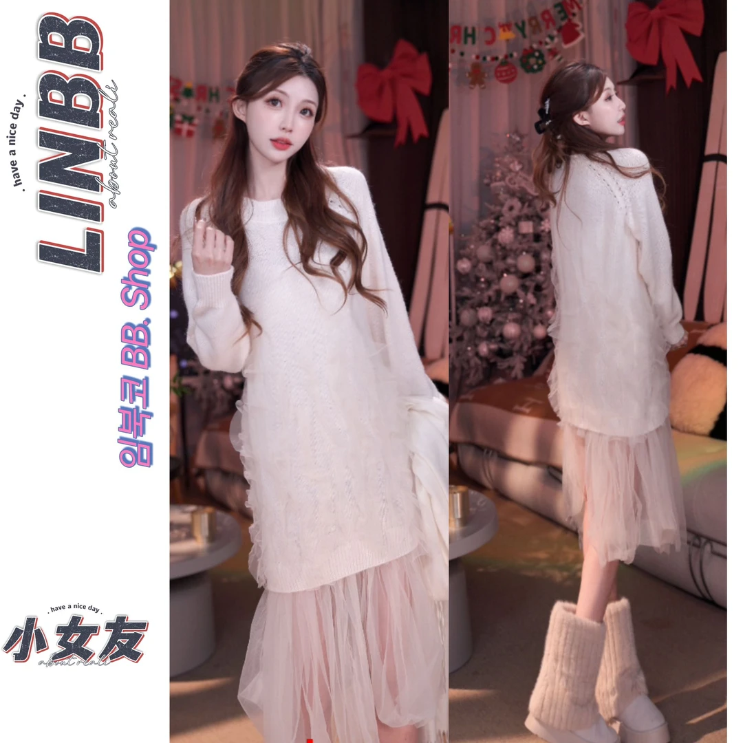 【小女友】林北鼻·韩系大牌温柔纱裙毛衣裙