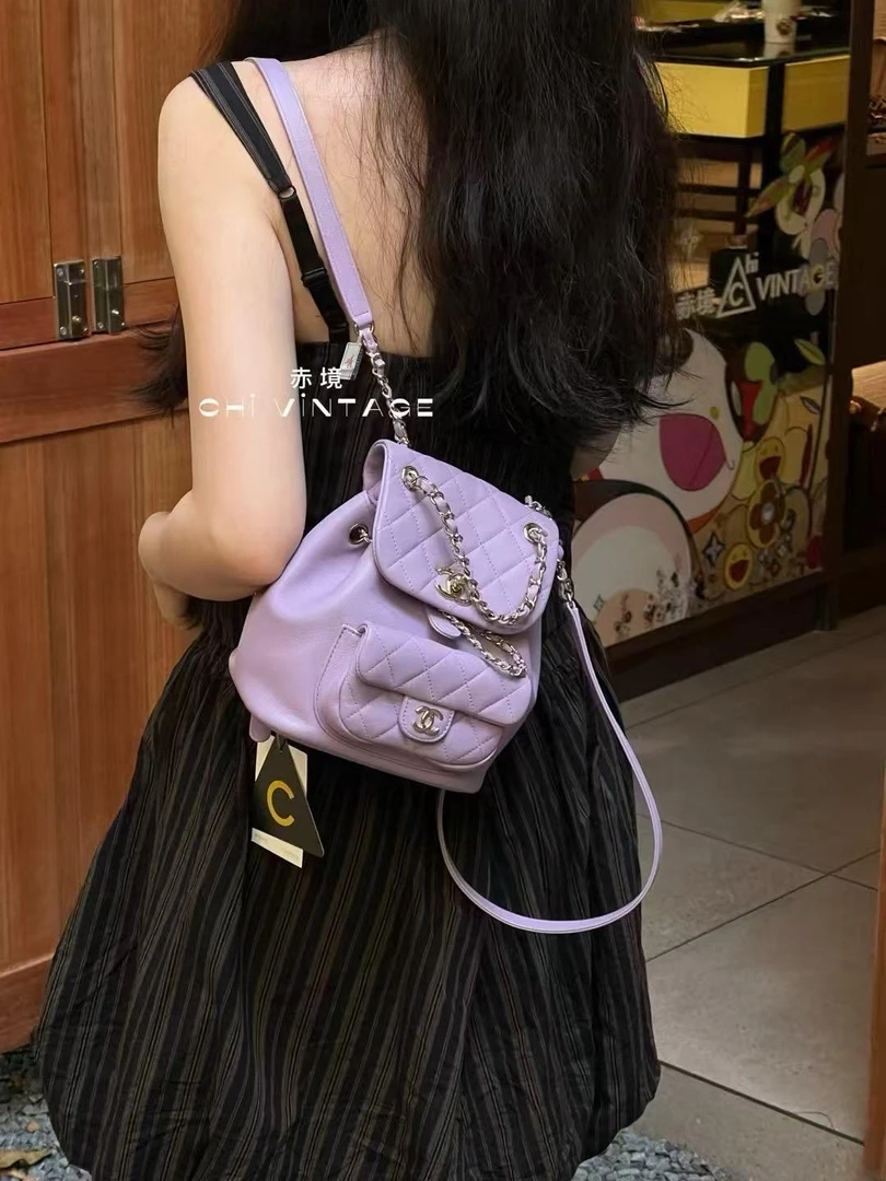 95新 Chanel/香奈儿 5147 紫色牛皮duma双肩包小号芯片款