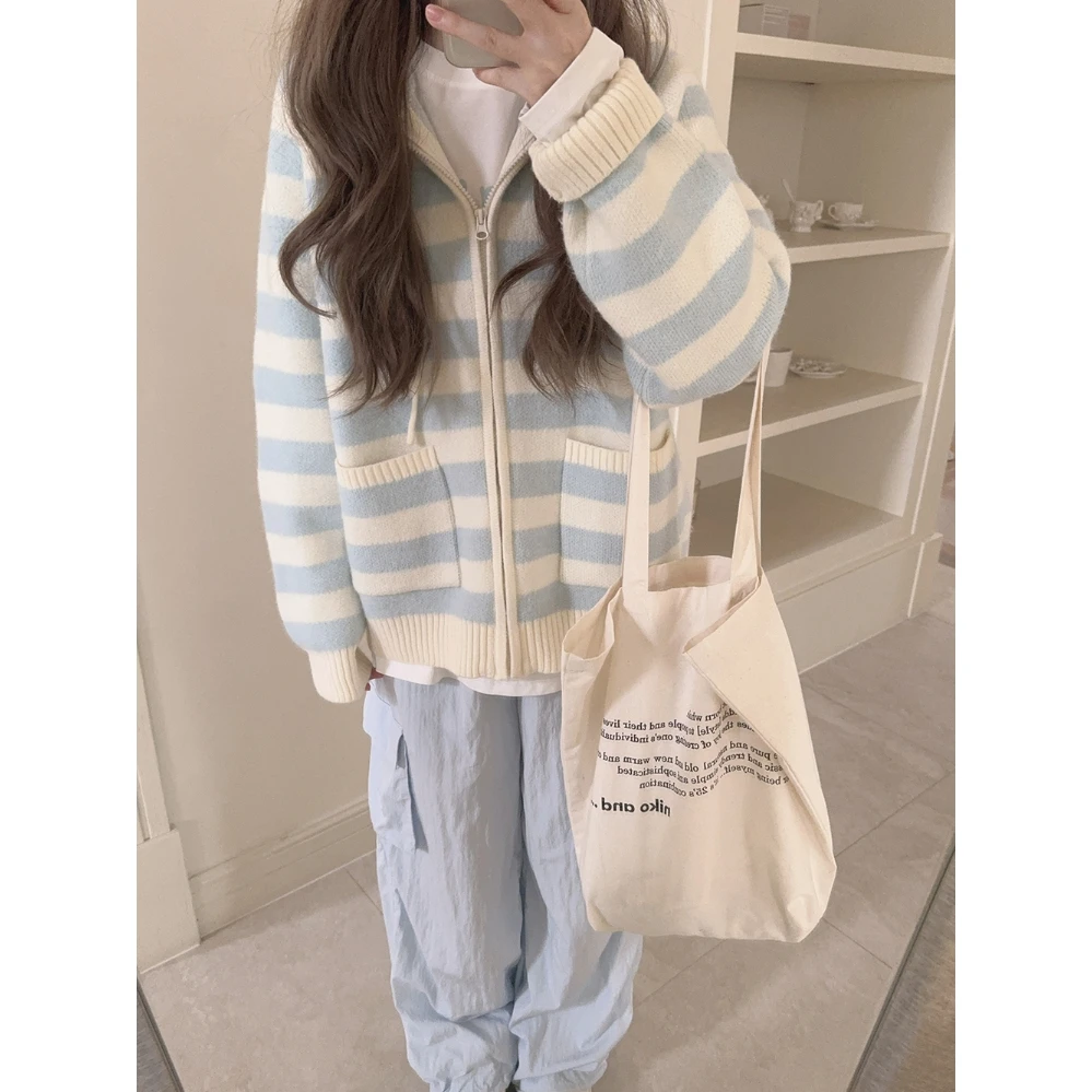 日系甜美粉色条纹连帽针织外套女秋冬新款宽松显瘦小个子开衫上衣