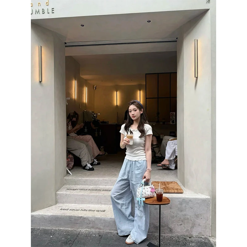 2025夏季新款修身显瘦小众设计感简约风短袖上衣休闲宽松时尚长裤