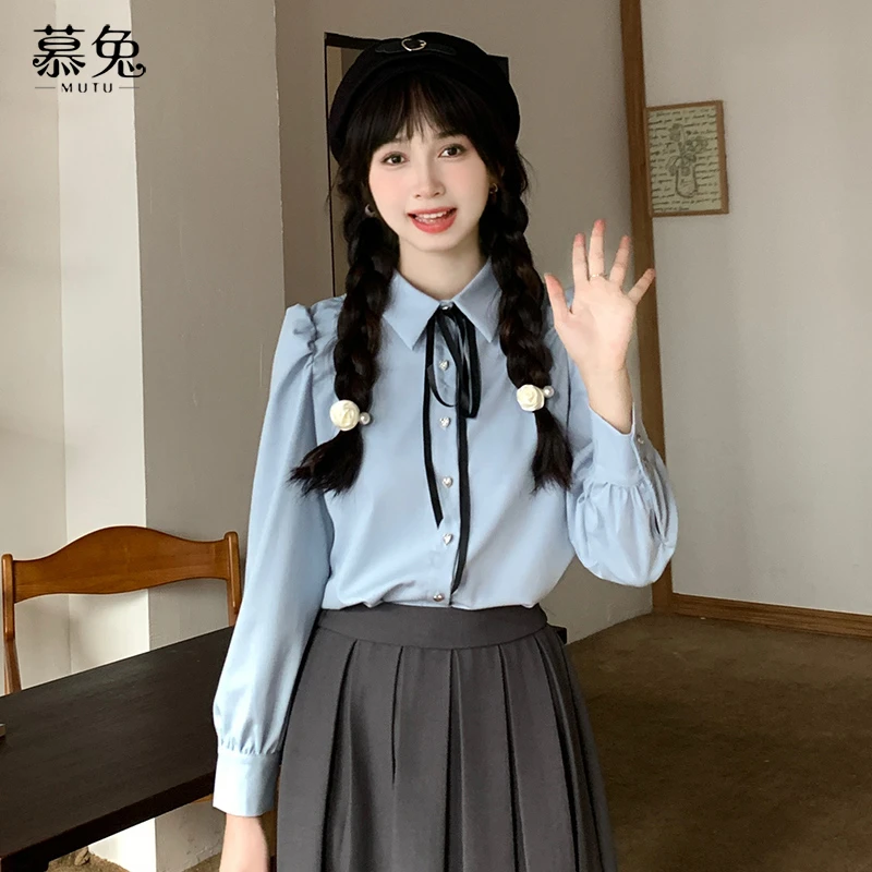 慕兔法式甜美学院风衬衫女秋2023新款别致设计感小众内搭长袖上衣