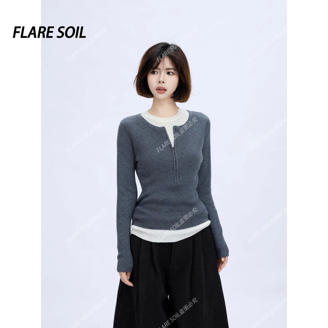 【FLARE SOIL】亨利领假两件拼接针织衫冬季小众高级感穿搭 T40074A