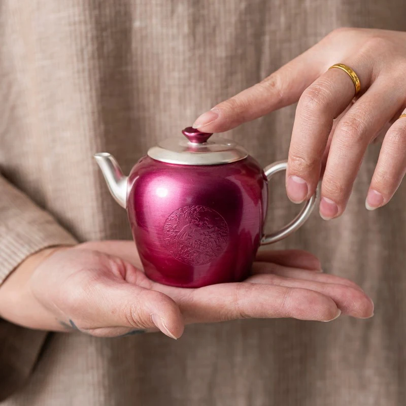 紫铜鎏银小雏菊手工雕刻茶壶鎏银泡茶壶高档功夫茶壶110cc