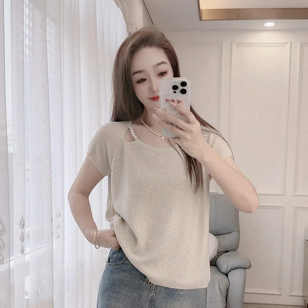 2025夏季新款针织衫套头短袖钉珠亮丝烫钻宽松女装上衣显瘦罩衫