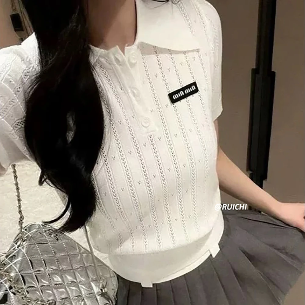 千金少女风2025夏季新款高级感POLO领竖纹镂空小标套头短袖针织衫