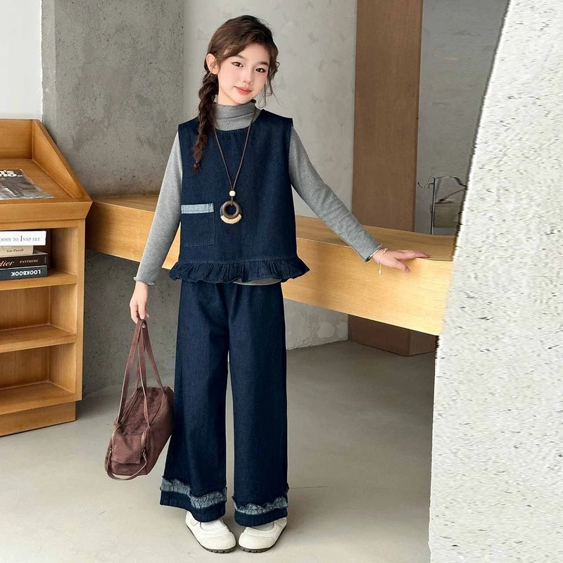 女童秋季新款净色牛仔三件套2025女大童时尚休闲套装女孩洋气宽松